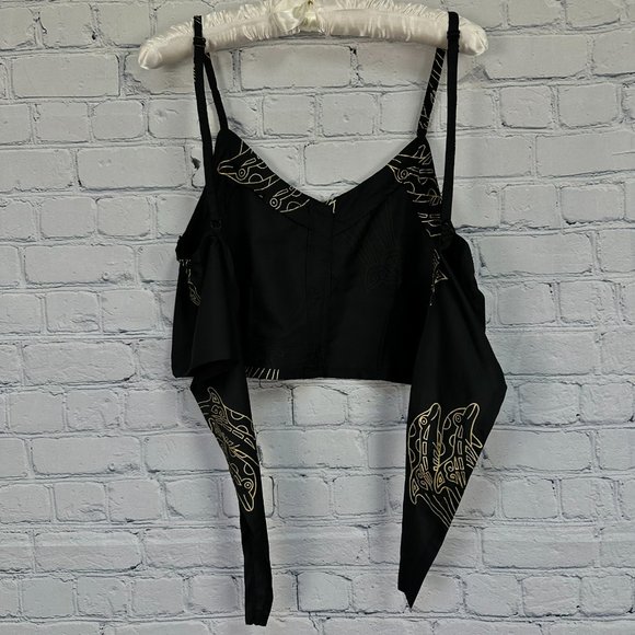 Rima Women's‎ Porpoise Themed Tie Back Halter Top, Size Small, Black w/ Gold - Picture 6 of 9